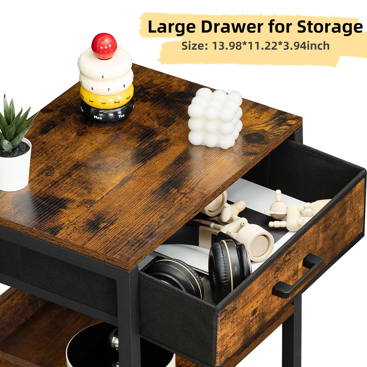 Lerliuo End Table with Fabric Drawer,3 Tier Industrial Wood Side Table with Storage,Modern Tall Printer Stand,Vintage Brown Nightstand,Rustic Bedside Tables for Living Room Bedroom Small Spaces Lerliuo
