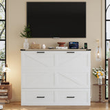 Ball & Cast Murphy Bed Full Size with Charging Station,Farmhouse Murphy Cabinet with Large Storage Drawer,Hideaway Bed Foldable Platform Bed for Guest Room, Apartment, White Ball & Cast