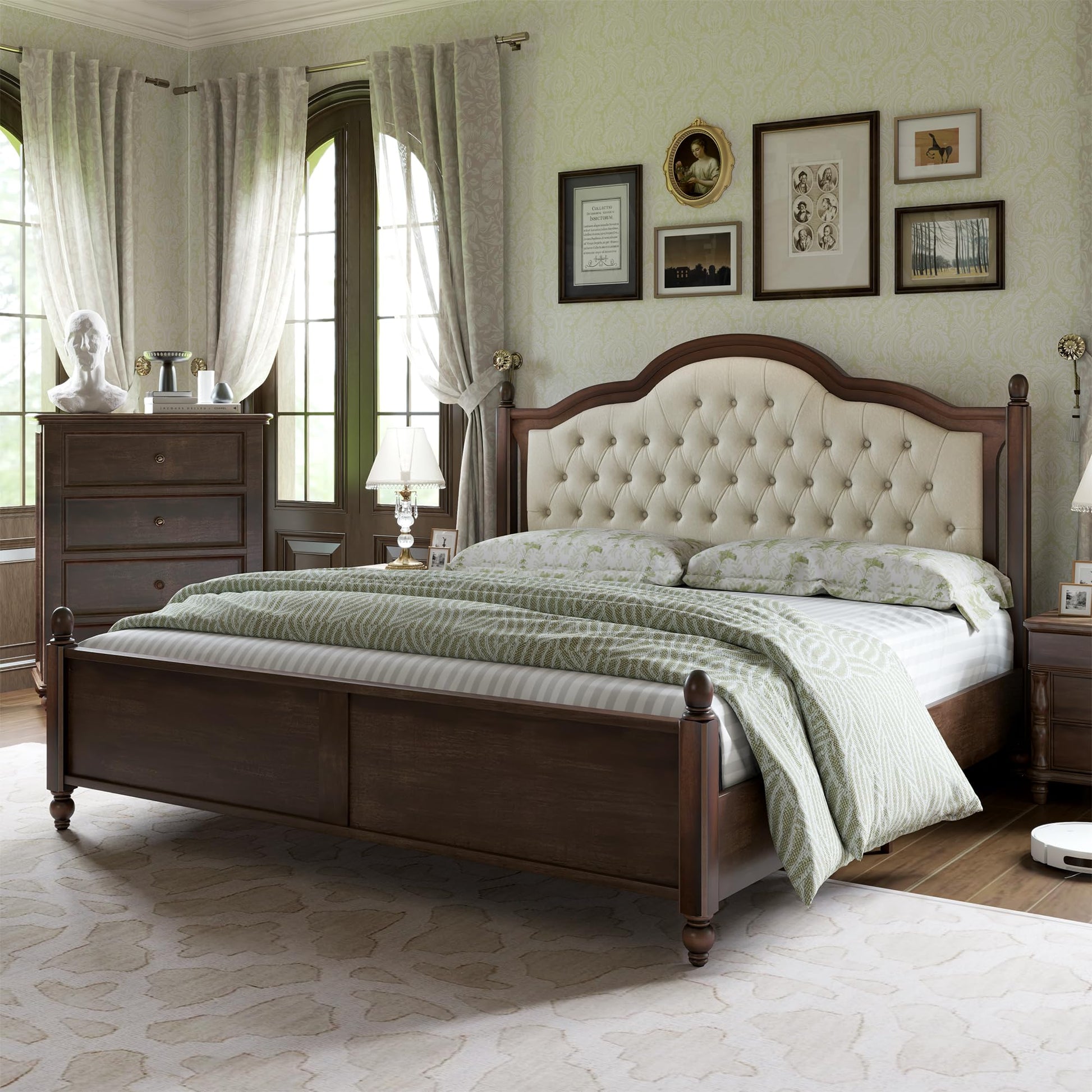 AMERLIFE Transitional Queen Size Solid Wood Bed Frame with Upholstered Tufted Headboard and Roman Column Accents - WoodArtSupply