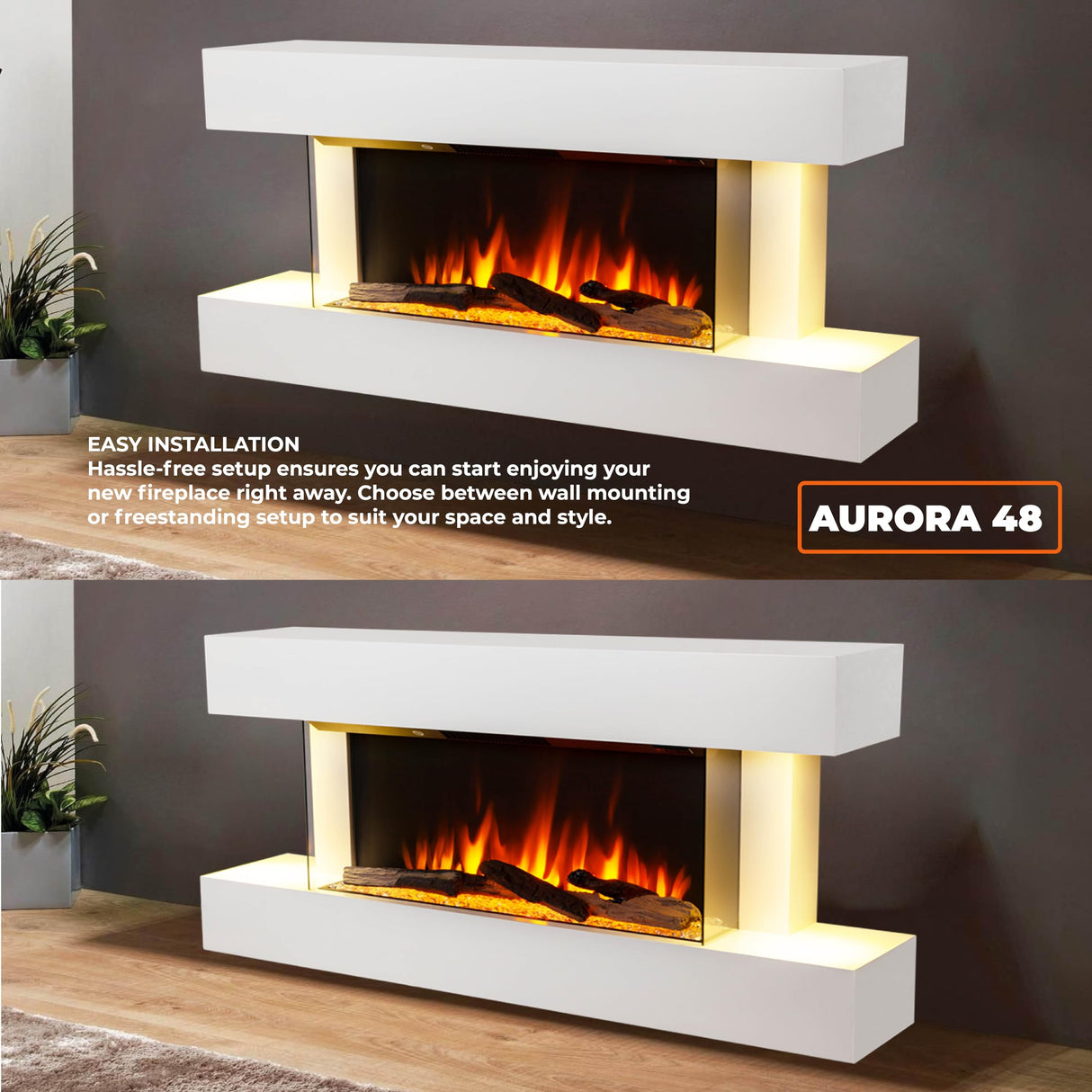 FIREBLAZE Aurora 48” 3-Sided Electric Fireplace with Wall Mount Floating White Mantel Surround 48 inch Wide, Wall Hanging or Freestanding, Heater, Remote Control, Timer and Overheating Protection FIREBLAZE Where Warmth Begins
