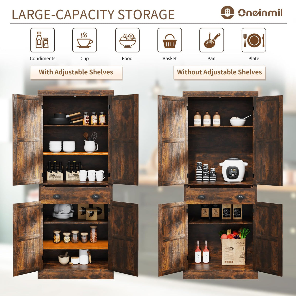 oneinmil Kitchen Pantry Cabinet 72.6" H, Farmhouse Wooden Cabinet with 4 Adjustable Shelves, Freestanding Cupboard with Drawers, Tall Pantry Cabinet for Kitchen, Dining Room, Brown oneinmil