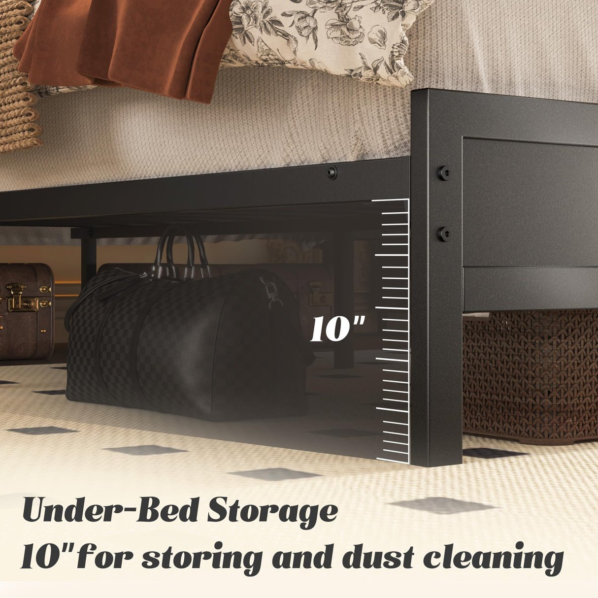 Fluest Queen Bed Frame with Headboard & Footboard, Bed Frame with Built-in Charging Station & LED Light, Storage Shelf, Noise-Free, No Box Spring Needed, Easy Assembly, Classic Black Fluest