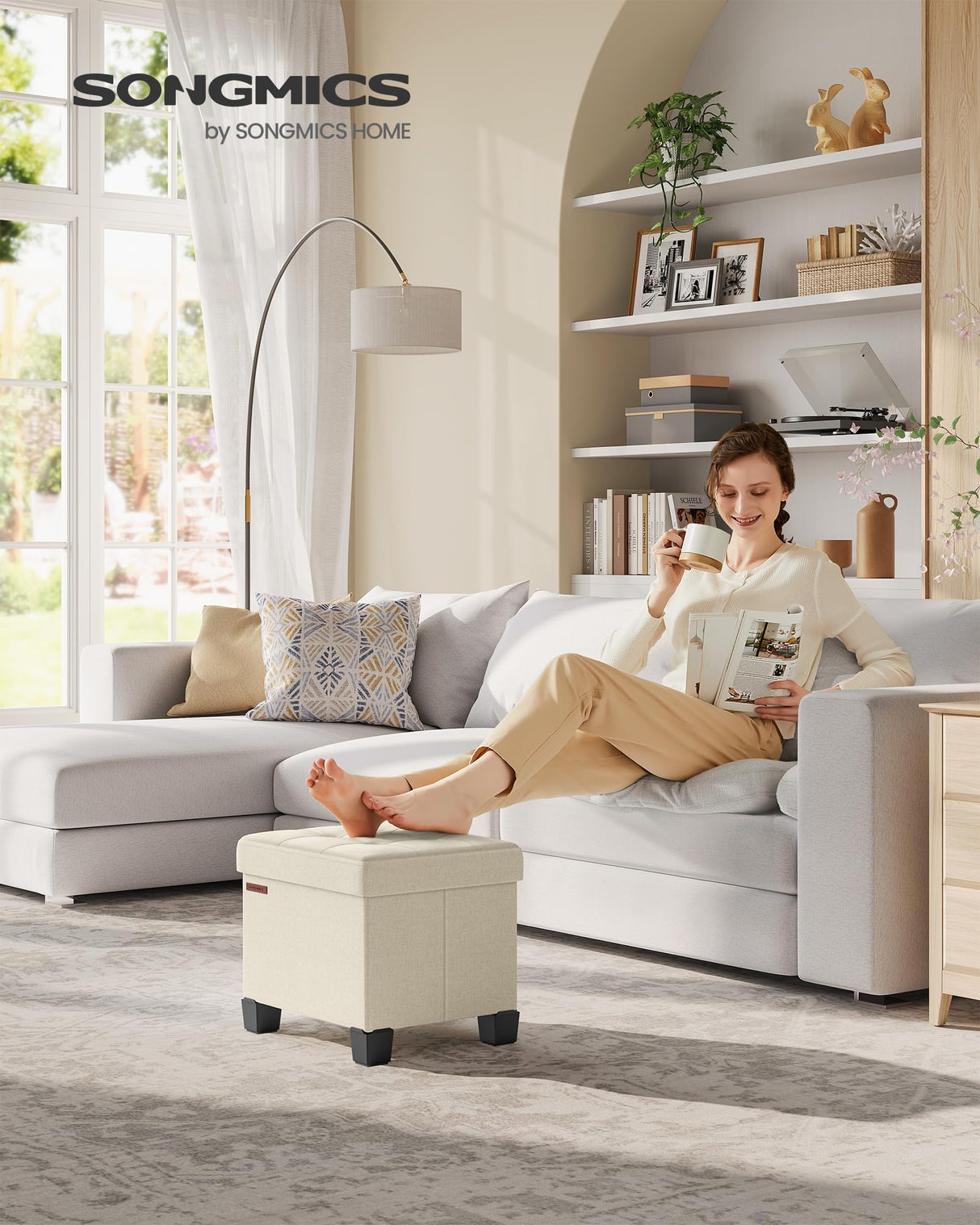 SONGMICS Storage Ottoman, Small Ottoman Foot Rest with Legs, 12.6 x 15.8 x 13.2 Inches Foot Stool, Ottoman with Storage, Load up to 660 lb, for Living Room, Bedroom, Dorm, Cream White ULSF012W01 SONGMICS