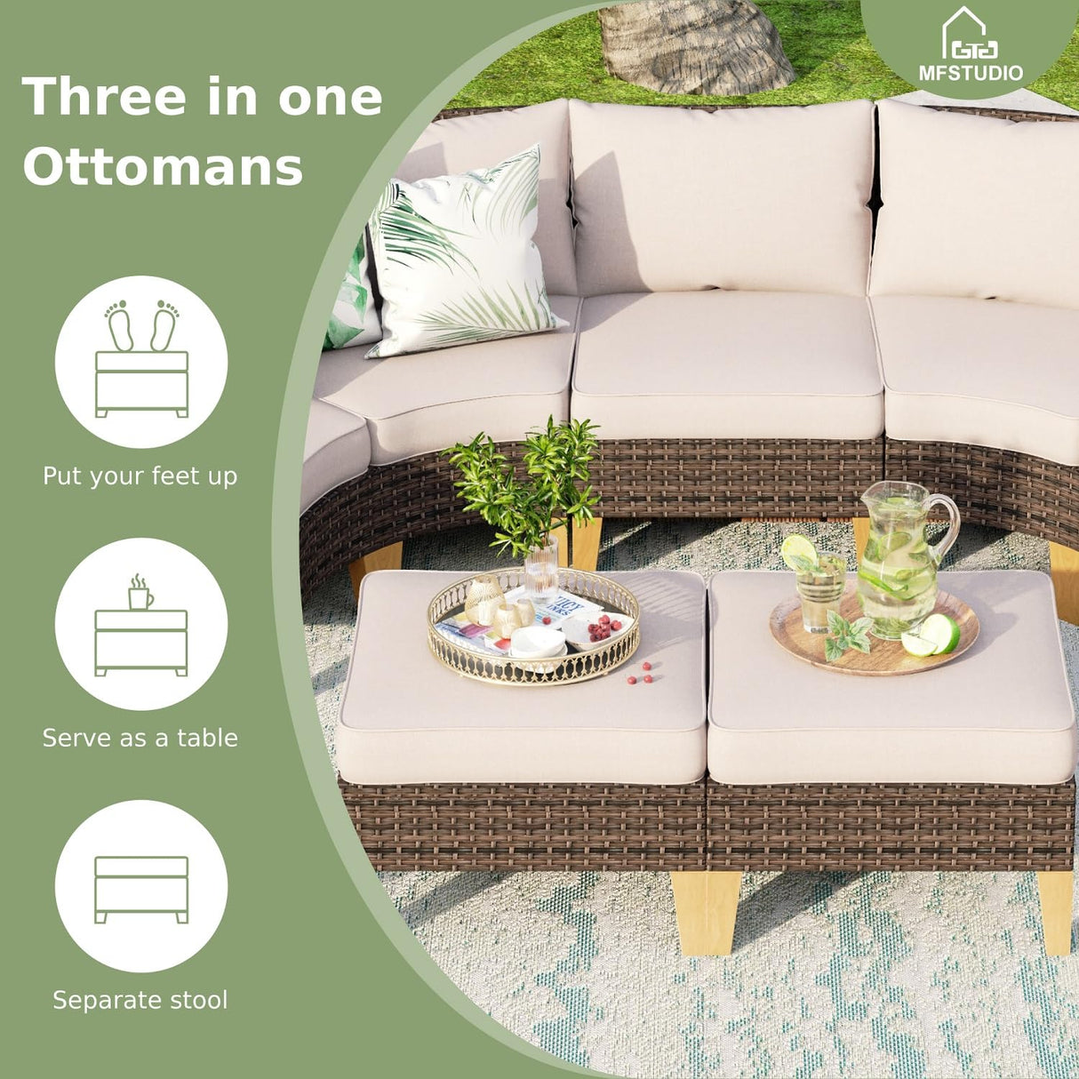MFSTUDIO 11 Pieces Wicker Patio Furniture Set with 56" Fire Pit Table, All-Weather Rattan Outdoor Half-Moon Patio Sectional Sofa Set, 4 x Curved Sofa, 2 x Armless Sofa, 2 x Ottoman(Beige Cushion) MFSTUDIO