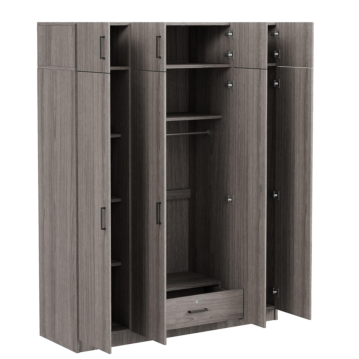Merax 4 Doors Storage Wardrobe with Hanging Rail, Large Wardrobe Closet with 1 Drawer, Wooden Wardrobe Closet Organizer with Top Cabinet for Bedroom, Laundry Room, Gray Merax