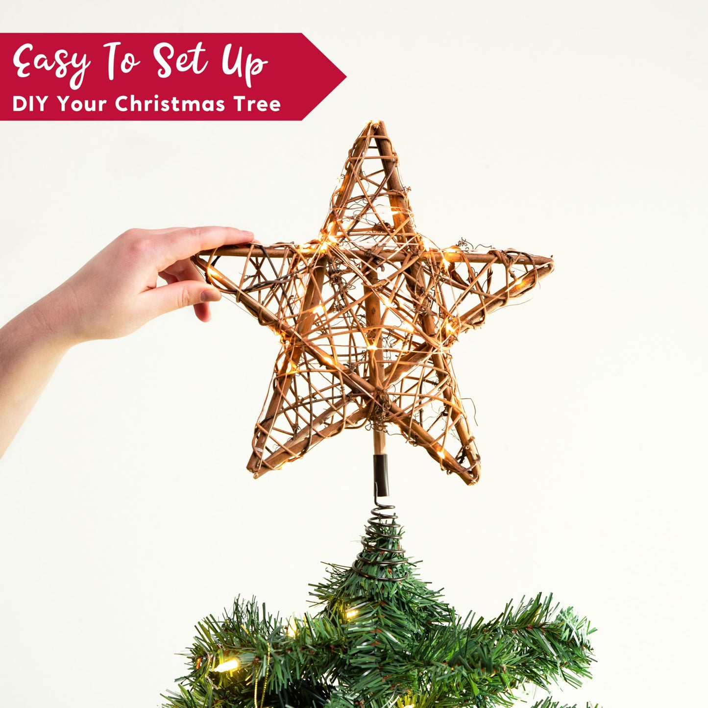 Joiedomi 10 Inch Christmas Tree Toppers, 50 LED Rustic Rattan Star Tree Topper Lighted with Lights for Xmas Tree Decorations, Holiday Party Indoor Decor