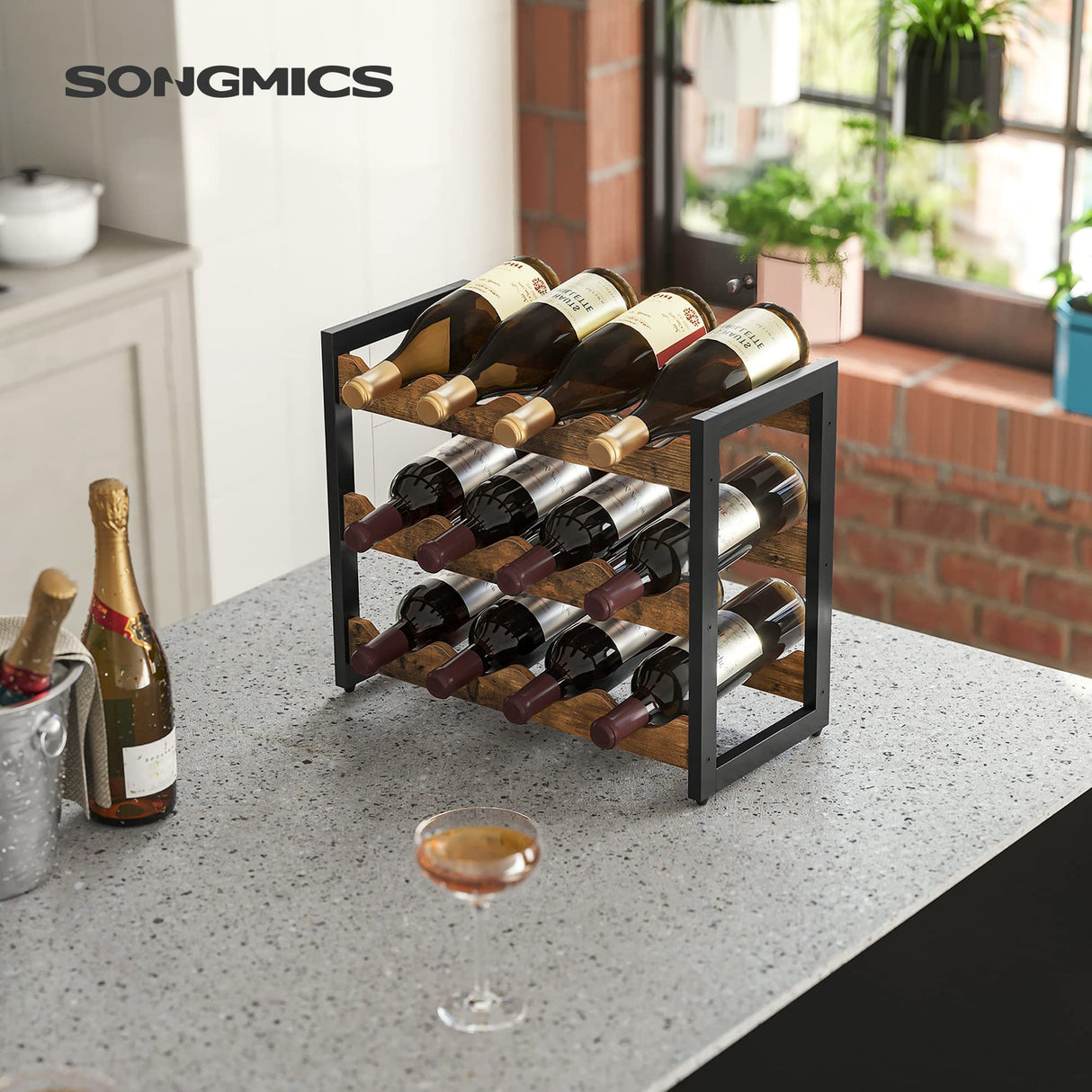 SONGMICS Wine Rack, 3 Tier Tabletop Wine Water Bottle Organizer Storage, Large Capacity Holds 12 Bottles, Bamboo Countertop Wine Holder Shelf for Kitchen Bar Cabinets Pantry, Rustic Brown and Black SONGMICS