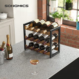 SONGMICS Wine Rack, 3 Tier Tabletop Wine Water Bottle Organizer Storage, Large Capacity Holds 12 Bottles, Bamboo Countertop Wine Holder Shelf for Kitchen Bar Cabinets Pantry, Rustic Brown and Black SONGMICS