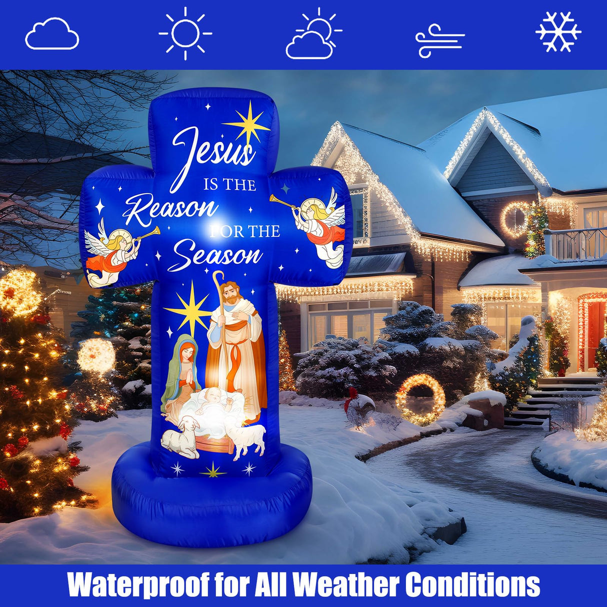 Civaner 6FT Christmas Inflatable Nativity Scene Decoration with Built in LED Lights, Jesus is The Reason for The Season Christmas Holy Nativity Decoration for Xmas Outdoor Yard Garden Lawn Civaner