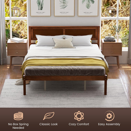 KOMFOTT Queen Size Wood Platform Bed Frame with Headboard, Solid Wood Bed Frame with Slat Support, 10-Leg Support, Under Bed Storage, 16” Mattress Foundation Bedroom Furniture, No Box Spring Needed KOMFOTT