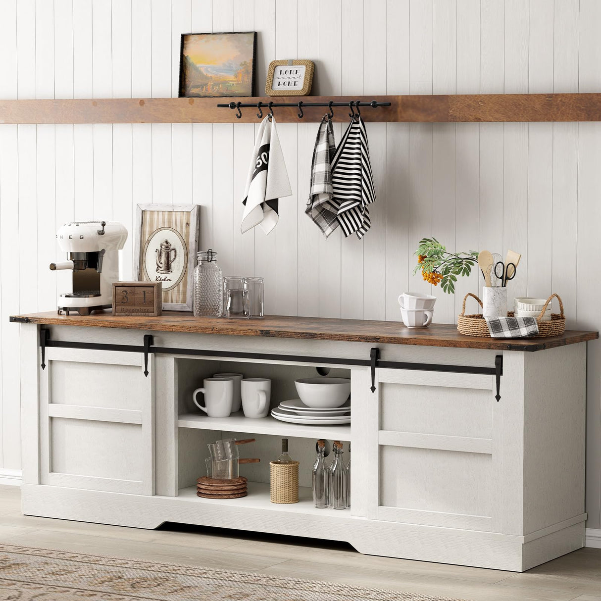 oneinmil 66” Farmhouse TV Stand, Modern Rustic Entertainment Center with Sliding Barn Door and Storage Cabinets, Metal Media TV Console with Set of Shelf for TVs up to 75”, White oneinmil