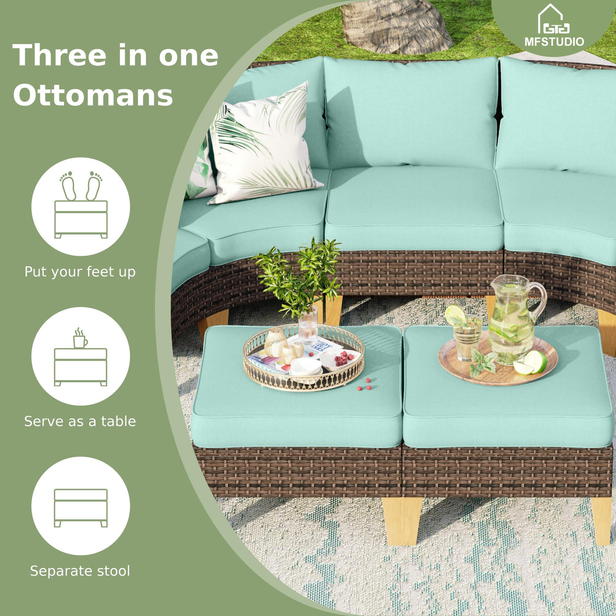 MFSTUDIO 9 Pieces Wicker Patio Furniture Set with 56" Fire Pit Table, Rattan Half-Moon Patio Conversation Set Outdoor Sectional Sofa Set, 4 x Curved Sofa, 2 x Armless Sofa, 2 x Ottoman(Aqua Blue) MFSTUDIO