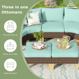MFSTUDIO 9 Pieces Wicker Patio Furniture Set with 56" Fire Pit Table, Rattan Half-Moon Patio Conversation Set Outdoor Sectional Sofa Set, 4 x Curved Sofa, 2 x Armless Sofa, 2 x Ottoman(Aqua Blue) MFSTUDIO