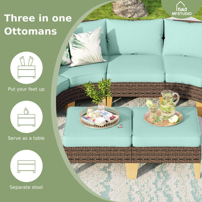 MFSTUDIO 9 Pieces Wicker Patio Furniture Set with 56" Fire Pit Table, Rattan Half-Moon Patio Conversation Set Outdoor Sectional Sofa Set, 4 x Curved Sofa, 2 x Armless Sofa, 2 x Ottoman(Aqua B - WoodArtSupply