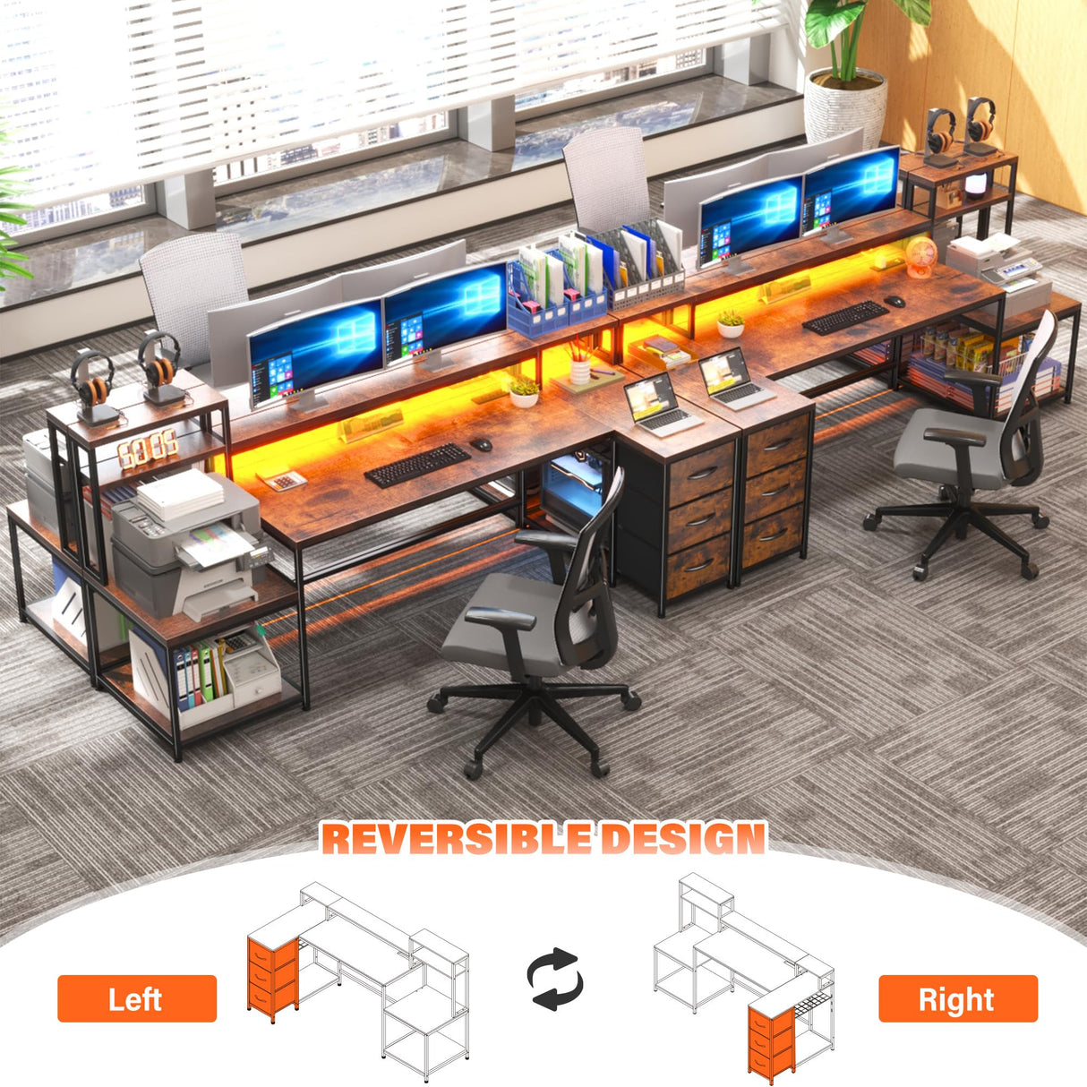 EnHomee 70.9" L Shaped Gaming Desk with Drawers Reversible L Shaped Computer Desk with Power Outlet & LED Lights Home Office Desk with Storage Shelves and Monitor Stand Corner Desk, Rustic Brown EnHomee