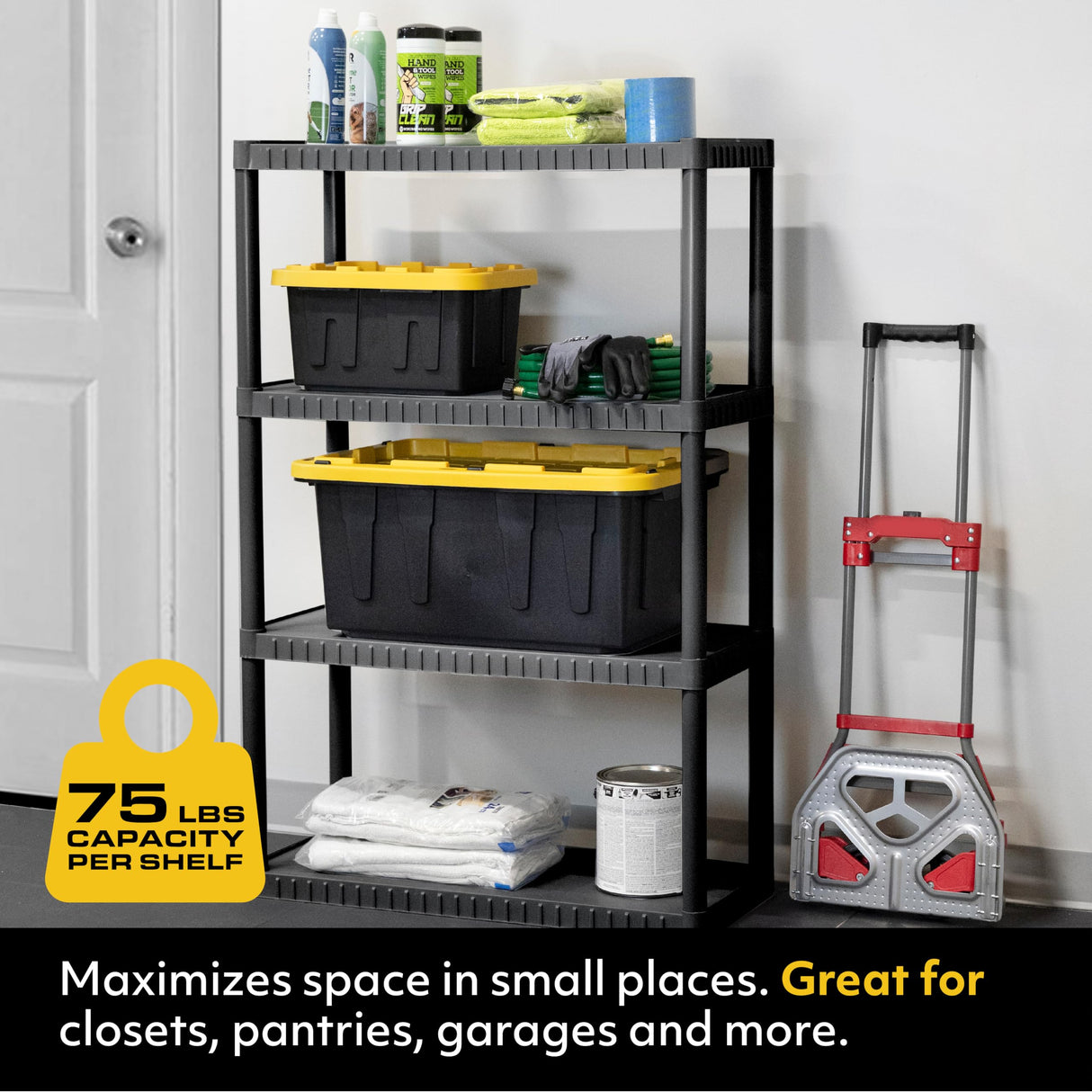 CX 4-Tier (52.1”H x 34.8”W x 14.6”D) Plastic Storage Shelving Unit (Black), Medium Duty, 75lbs Per Shelf Capacity, Indoor Storage and Organization in Home, Garage, Office with Easy Assembly CENTREX