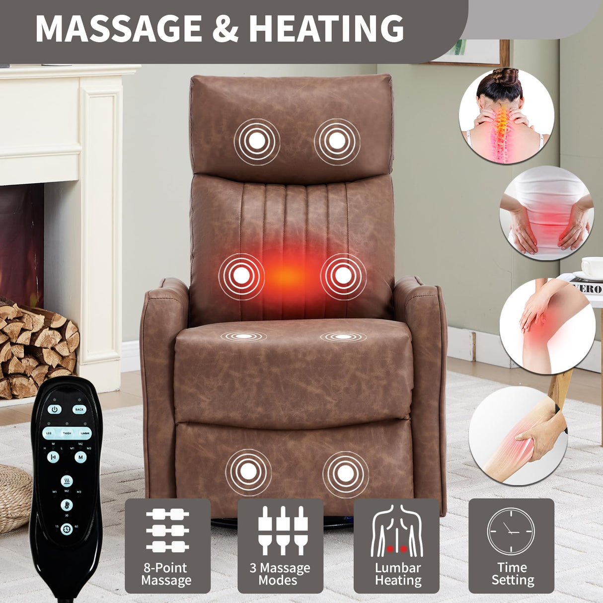 PELUMY Recliner Chair Swivel Rocking with Heat Massage - 360° Manual Recliner, 8-Point Vibrating & Lumbar Heat, Easy Assembly Chair for Living Room (Breathable Leather, Brown) PELUMY