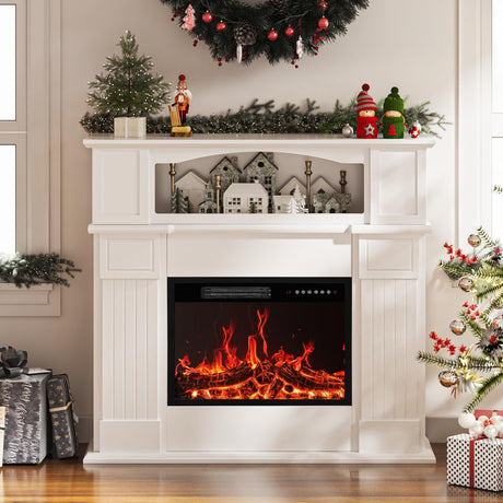 BOSSIN 43" Electric Fireplace with Mantel, 23 inch Electric Fireplace Insert, Freestanding TV Stand with Fireplace Heater,Wooden Surround Firebox Faux Log & Led Flames, Remote Control,750W/1500W White BOSSIN