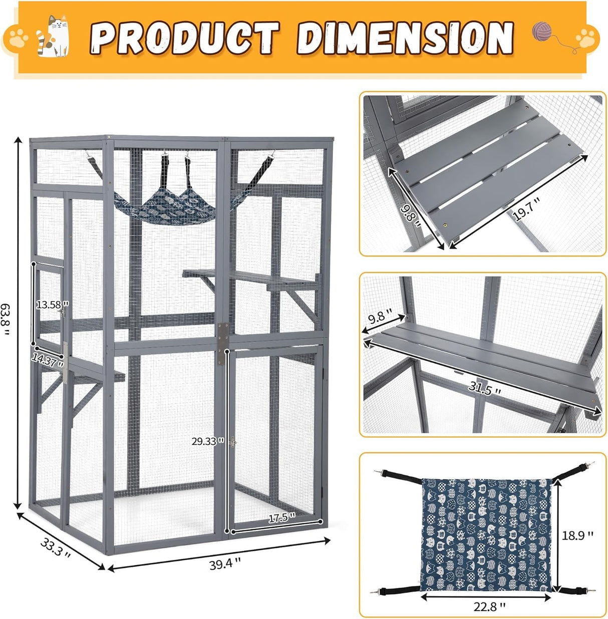 Catio Outdoor Cat Enclosure, Outdoor Cat House with Window Access, Patio Kitty Shelter (Grey) CHEN Select