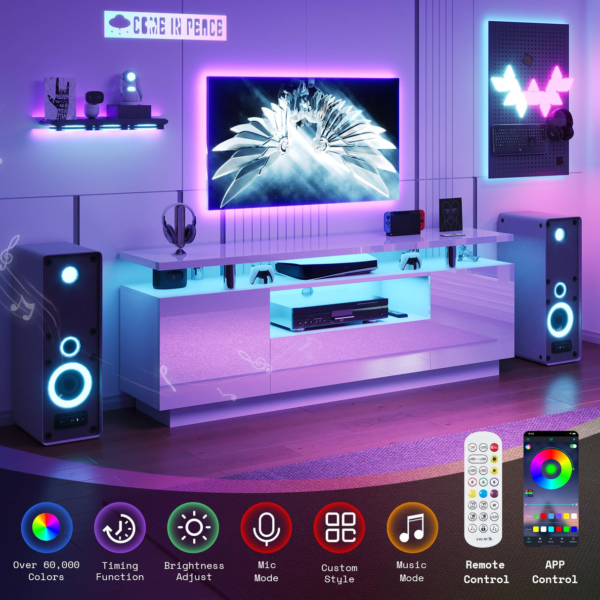 LUXOAK 70in LED TV Stand, Modern Entertainment Center with Open Storage Shelves and Drawer for TVs Up to 80", High Gloss Media for Living Room, Bedroom, Gaming Room, White LUXOAK