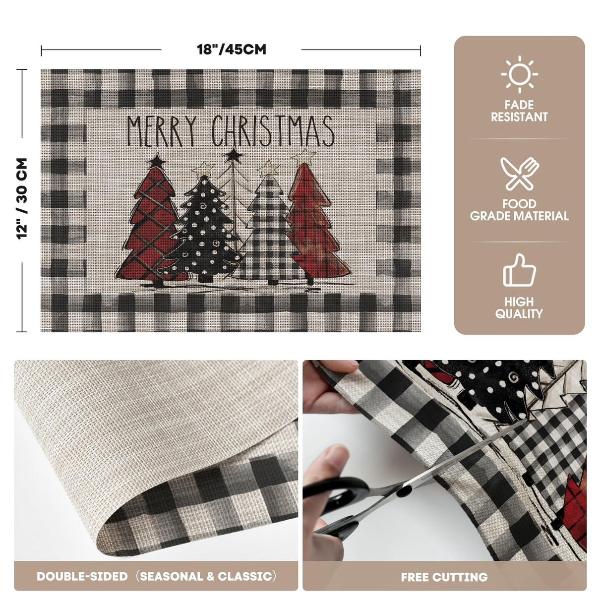 Artoid Mode Merry Christmas Trees Vinyl Placemats Set of 4, 12x18 Inch Black Buffalo Plaid Washable Heat Resistant Plastic Woven Table Mats for Party Dining Decor Artoid Mode