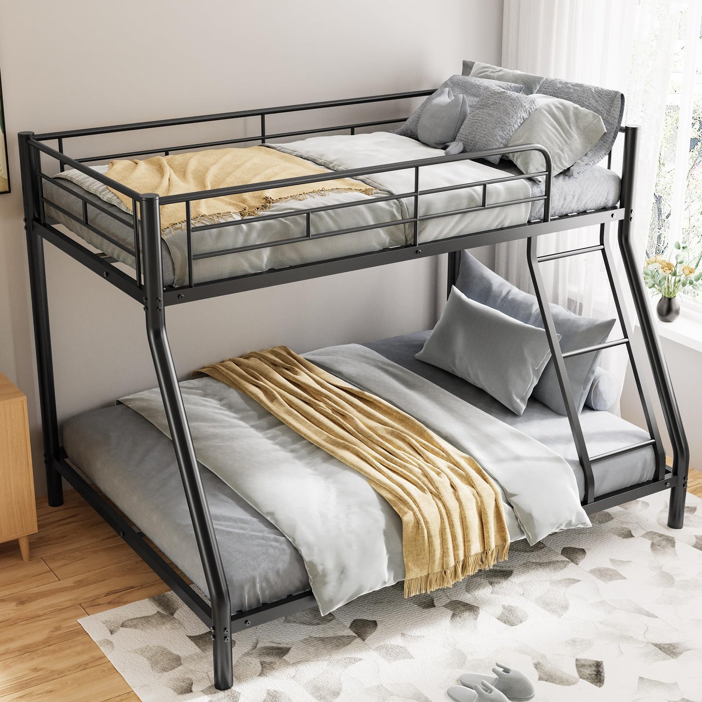 UOCFYK Twin Over Full Bunk Bed with Sturdy Metal Frame, Wood Slats, and Safety Guardrails - Black - WoodArtSupply