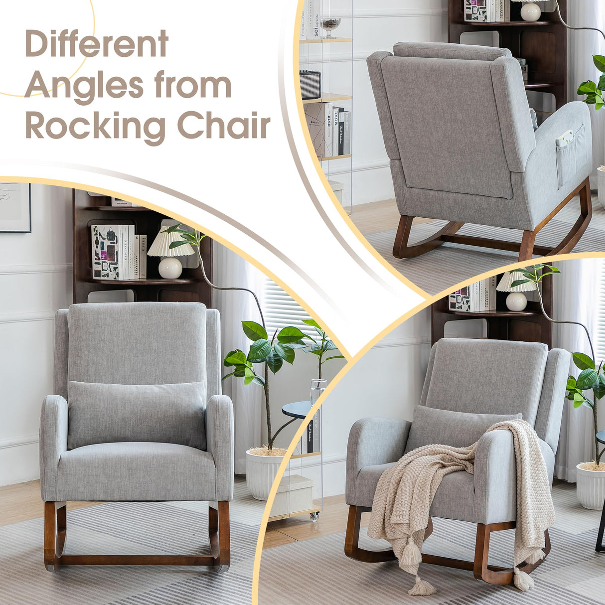 COCO DESIGN Rocking Chair Nursery Indoor with Thick Cushion, Modern Design for Living Room, Bedroom, Durable Wooden Frame with Soft Fabric, Comfortable for Reading, Gray COCO DESIGN