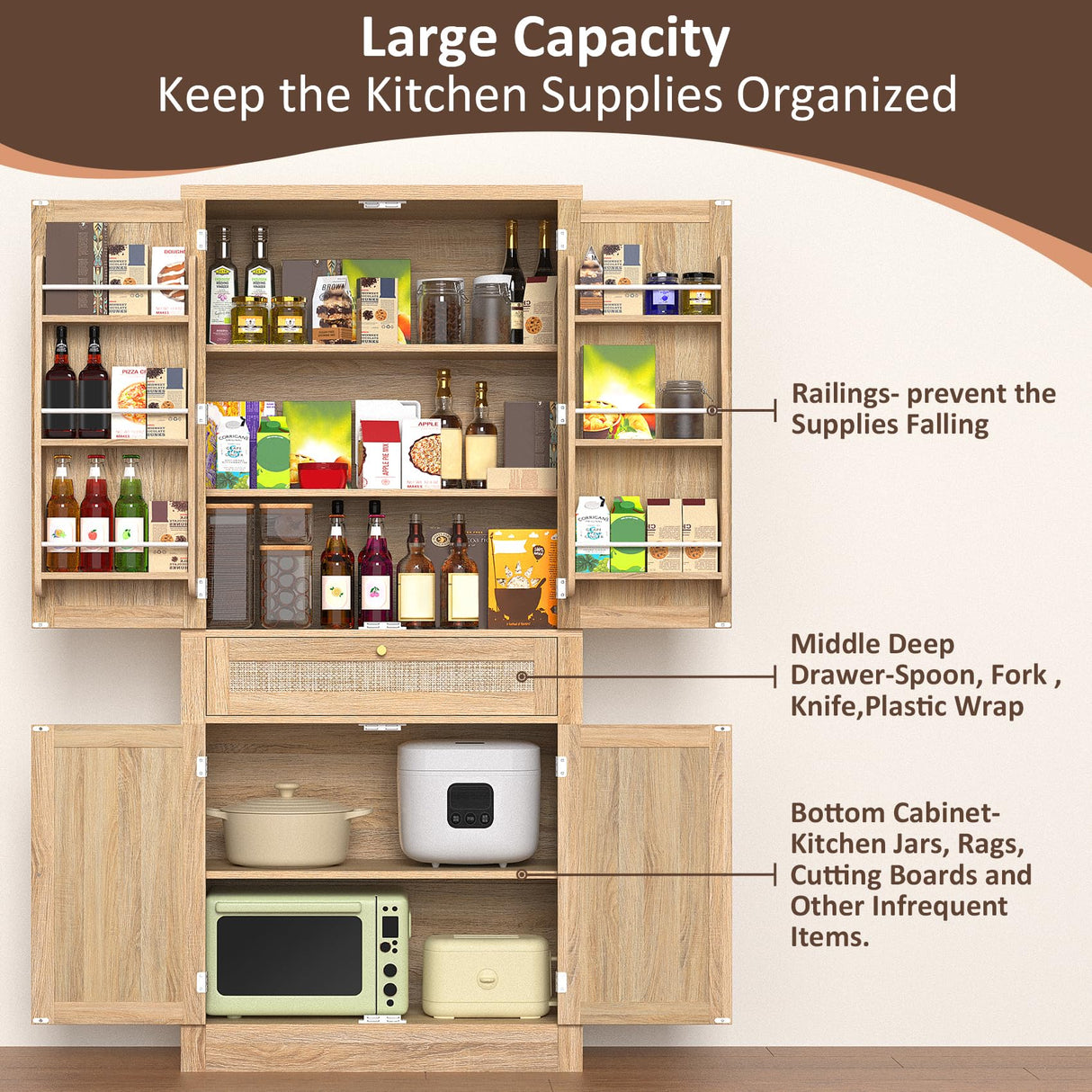 Bigbiglife Kitchen Pantry Cabinet with Rattan Doors, 70'' Tall Pantry Cabinet, Freestanding Cupboard, Adjustable Shelves, for Kitchen Dining Room (Natural Oak) Bigbiglife