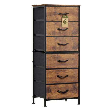 WLIVE Tall Dresser for Bedroom, 6 Drawer Dressers & Chests of Drawers, Fabric Dresser for Closet, Night Stand with Metal Frame, Storage Tower with Fabric Bins, Wood Top, Rustic Brown Wood Grain Print WLIVE