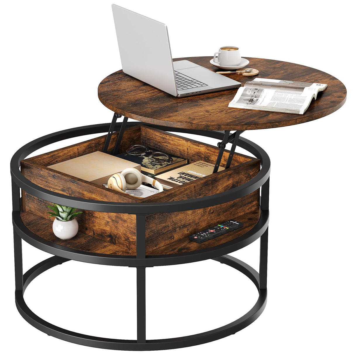 YITAHOME Round Lift Top Coffee Table with Storage, Coffee Tables for Living Room with Hidden Storage Compartment, Modern Coffee Table for Home Office, Wood Center Tables Living Room, Rustic Brown YITAHOME