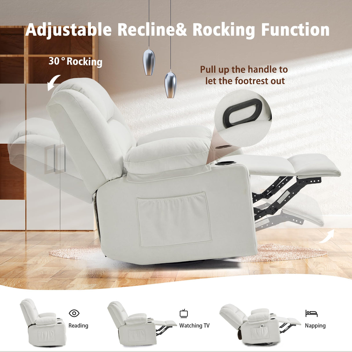 Ketaiyou Swivel Rocking Recliner Chair with Massage and Heat,Oversized Rocker Recliner for Adults, Upholstered Fabric Reclining Single Sofa Chair for Living Room,Nursery (Beige) Ketaiyou