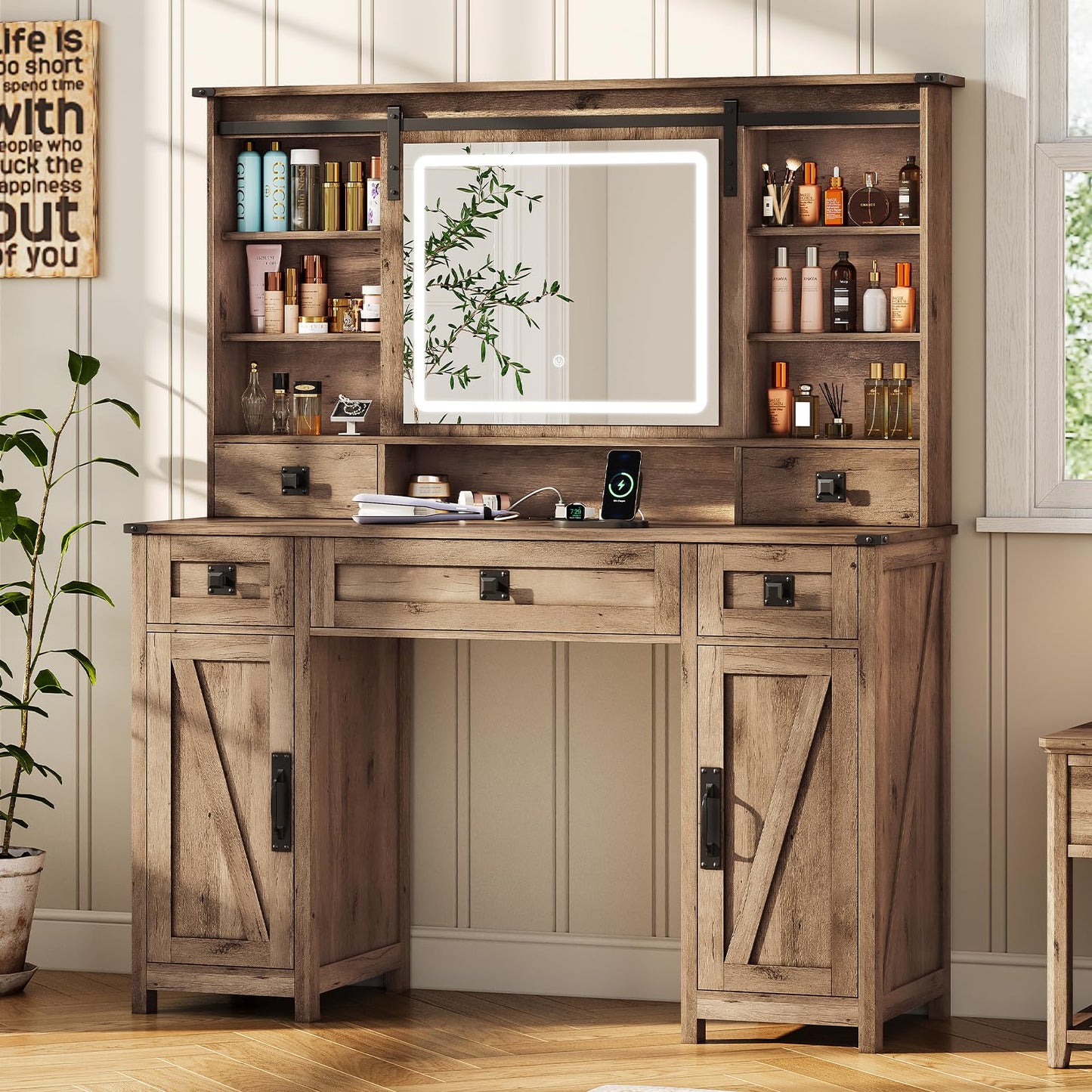 Makeup Vanity Desk with Lights, 47.2" Farmhouse Vanity Table with Sliding Mirror & Charging Station, Large Makeup Desk with 5 Drawers & 2 Cabinets, Rustic Oak - WoodArtSupply