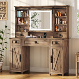 Makeup Vanity Desk with Lights, 47.2" Farmhouse Vanity Table with Sliding Mirror & Charging Station, Large Makeup Desk with 5 Drawers & 2 Cabinets, Rustic Oak MSmask
