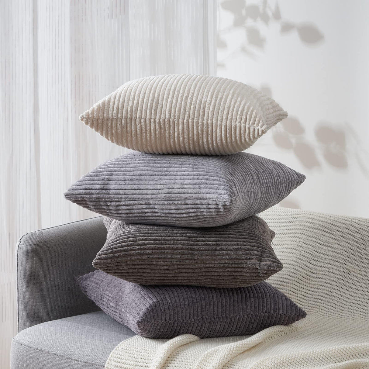 Topfinel Neutral Grey Decorative Throw Pillow Covers 18x18 Inch Set of 4,Modern Farmhouse Striped Corduroy Cushion Cases,Square Euro Shams for Sofa,Bedroom,Floor,Car(45cm Dark Gray) Topfinel
