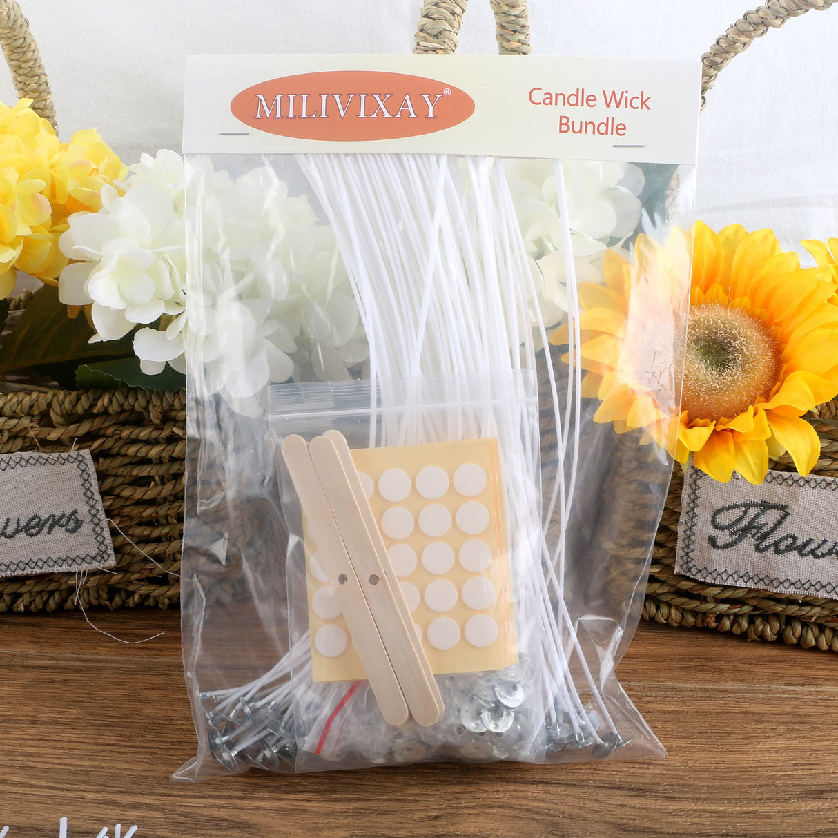 MILIVIXAY 100PCS 10 inch Candle Wicks with 100 Metal Tabs, 100PCS Candle Wick Stickers and 6PCS Wooden Candle Wick Holders - Wicks Coated with Paraffin Wax, Cotton Wicks Kits for Candle Making. MILIVIXAY