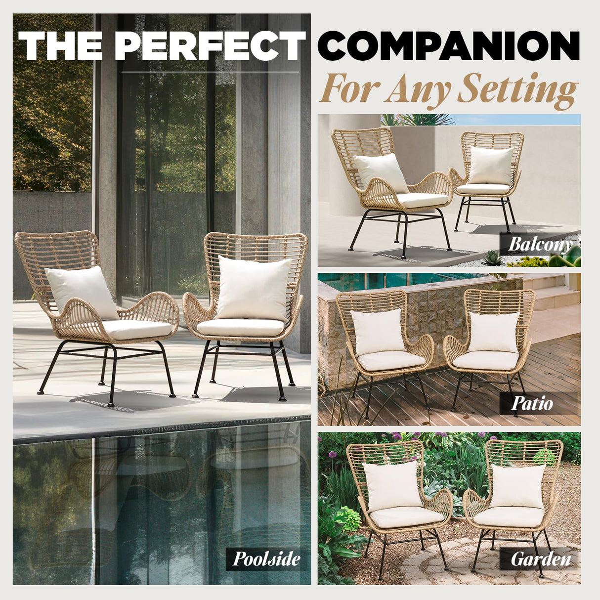 IDZO Isabelle Upgraded 2000 Hours UV Wicker Chairs Outdoor Set of 2, 500 lbs Capacity Outdoor Patio Chair, All-Weather Club Chair with Water-Resistant Olefin Cushions, Boho Style, Beige IDZO