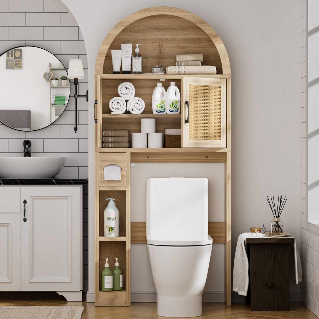 Spurgehom Over The Toilet Storage Cabinet, Bathroom Shelf Organizer Freestanding, Bathroom Arch Cabinet Over Toilet with Toilet Paper Holder and Anti-Tipping Device (Wood & Wicker Door) Spurgehom