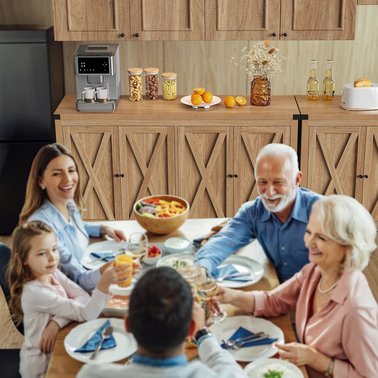 YITAHOME 55'' Sideboard Buffet Cabinet with Storage, Farmhouse Large Coffee Bar Cabinet with Adjustable Shelf for Kitchen, Living Room, Oak YITAHOME