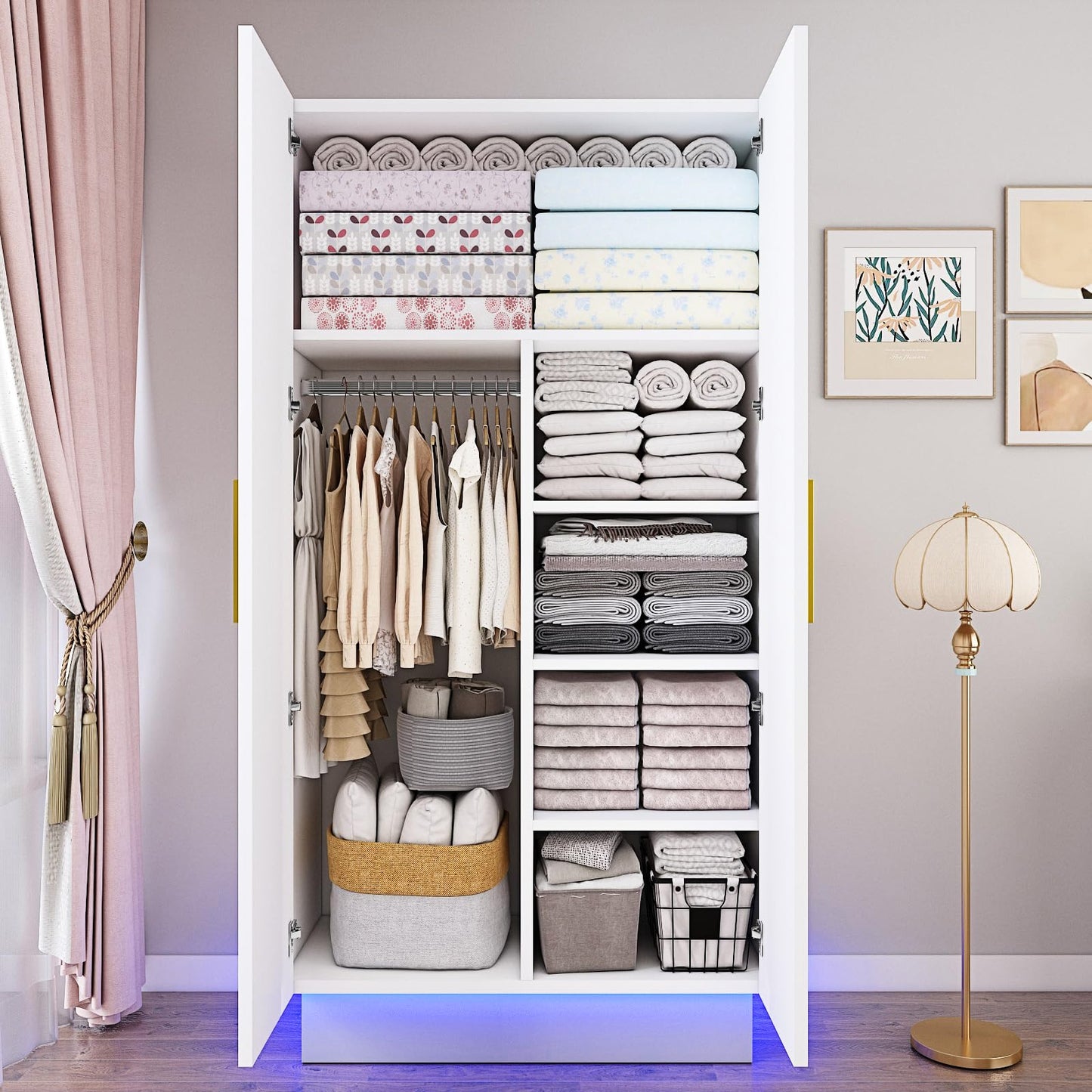 Hlivelood Modern 70in LED 2 Doors Armoires Wardrobe Closet&Cabinet with Hanging Rod, Freestanding Bedroom Armoires with RGB LED 6000-color Lights,Wardrobe Clothes Organizer (White-2 Door Armo - WoodArtSupply