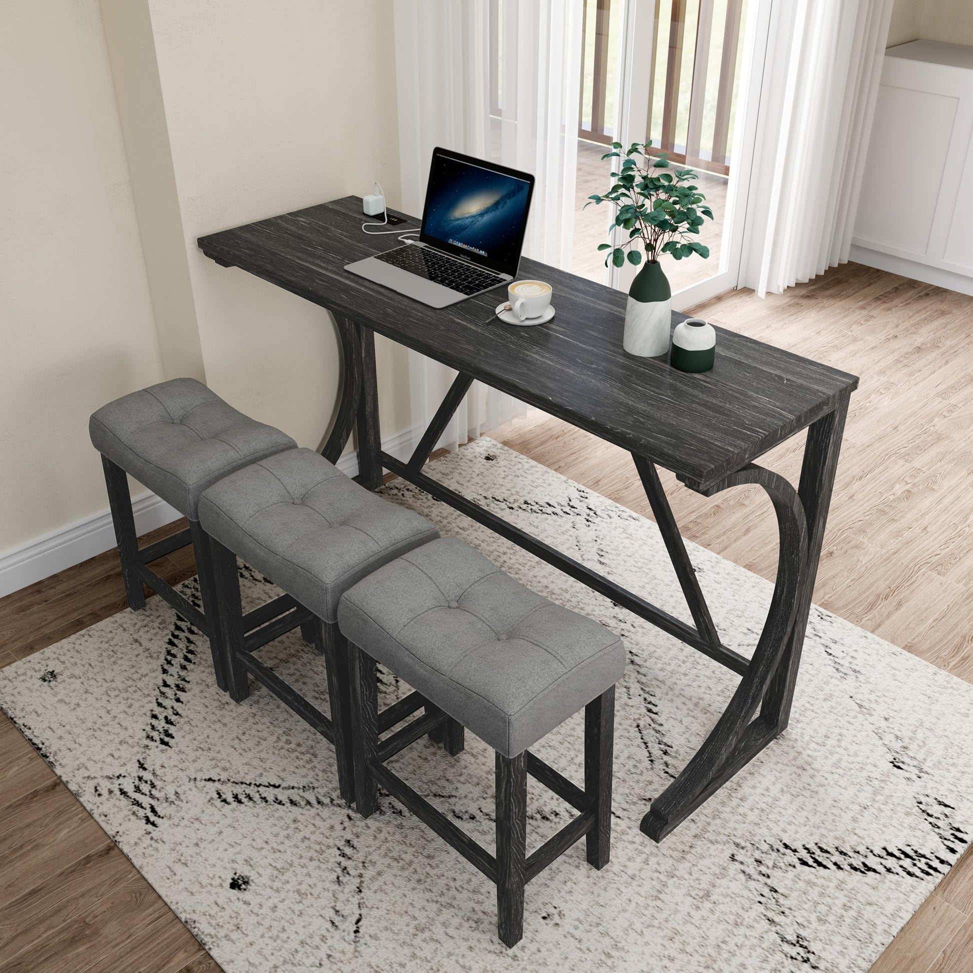 Holaki Industrial Bar Table and Chairs Set with USB Port - 4 Piece Grey and Black Console Table and Padded Stools - WoodArtSupply