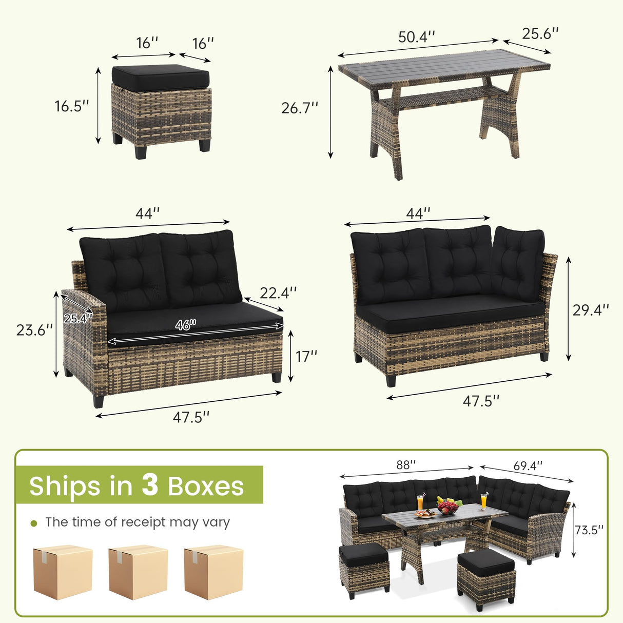 KROFEM 6-Piece Outdoor Patio Furniture Set - Sectional Sofa, Dining Table & Chairs Included, All-Weather Dining Set with Ottoman, Natural Wicker and Black Cushions KROFEM