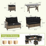 KROFEM 6-Piece Outdoor Patio Furniture Set - Sectional Sofa, Dining Table & Chairs Included, All-Weather Dining Set with Ottoman, Natural Wicker and Black Cushions KROFEM