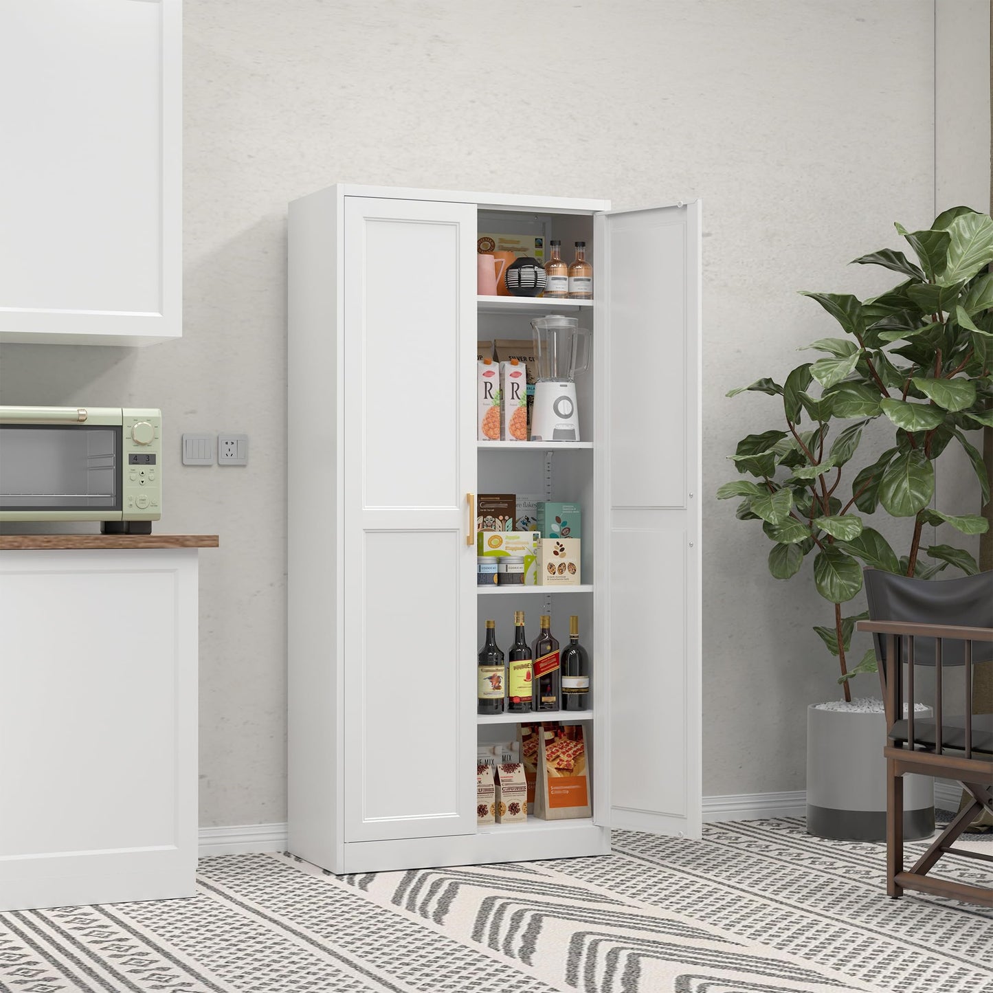 71" Tall Metal Storage Cabinet with Adjustable Shelves, Kitchen Pantry Storage Cabinet with Gold Handles, Heavy Duty Steel Cabinets, White Pantry Cabinet for Dining Room, Kitchen - Assembly Required