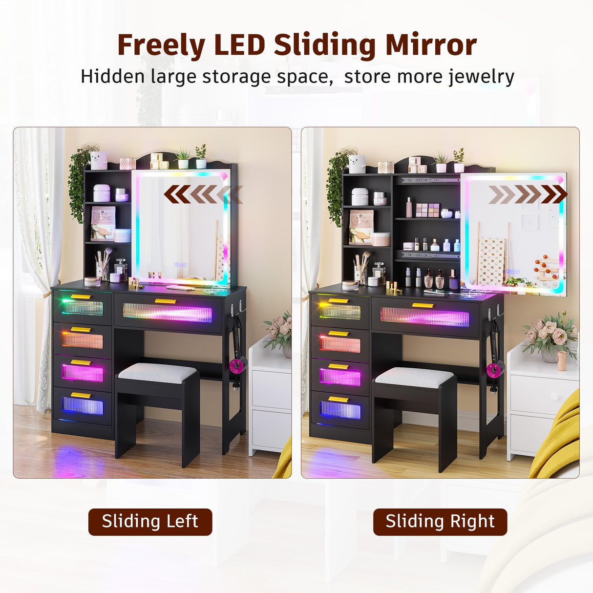 FOMNEY RGB LED Vanity Desk with Mirror and Lights, Makeup Vanity Desk with 3-in-1 Charging Station, Vanity Set with Stools＆Sliding Mirror, Make UP Table with 5 Drawers (Black) FOMNEY