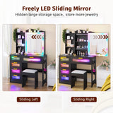 FOMNEY RGB LED Vanity Desk with Mirror and Lights, Makeup Vanity Desk with 3-in-1 Charging Station, Vanity Set with Stools＆Sliding Mirror, Make UP Table with 5 Drawers (Black) FOMNEY