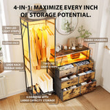 Famovoneer Heavy Duty Garment Rack with Fabric Drawers and LED Light, Freestanding Portable Closet Wardrobe Systems with Shelves for Bedroom, Entryway, Apartment Famovoneer