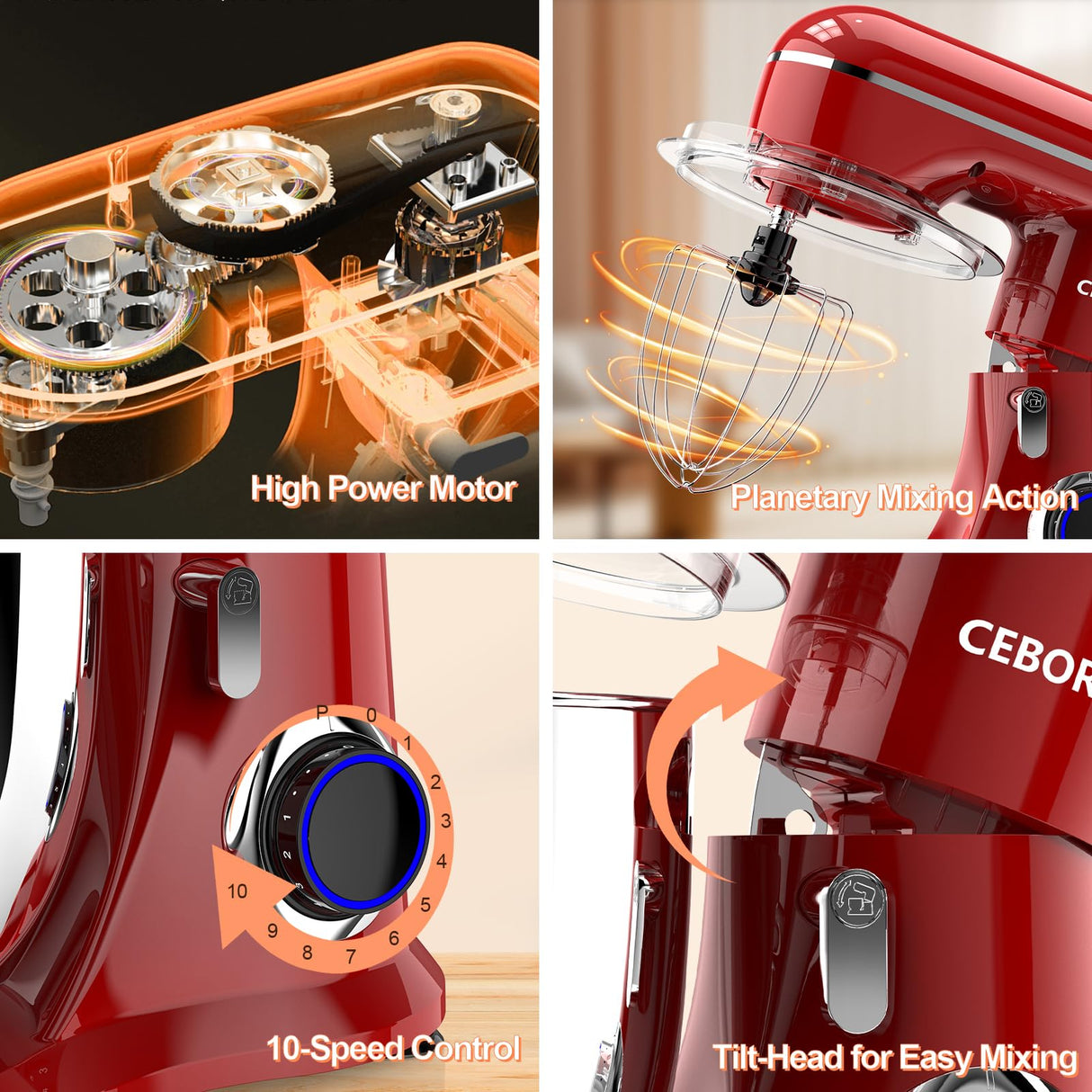CEBORY 3-IN-1 Electric Stand Mixer, 6.5QT Bowl 10-Speed Kitchen Mixer, Household Food Mixers include Dough Hook, Beater and Whisk, Bread Cake Mixer for Baking and Most Home Cooks, Red CEBORY