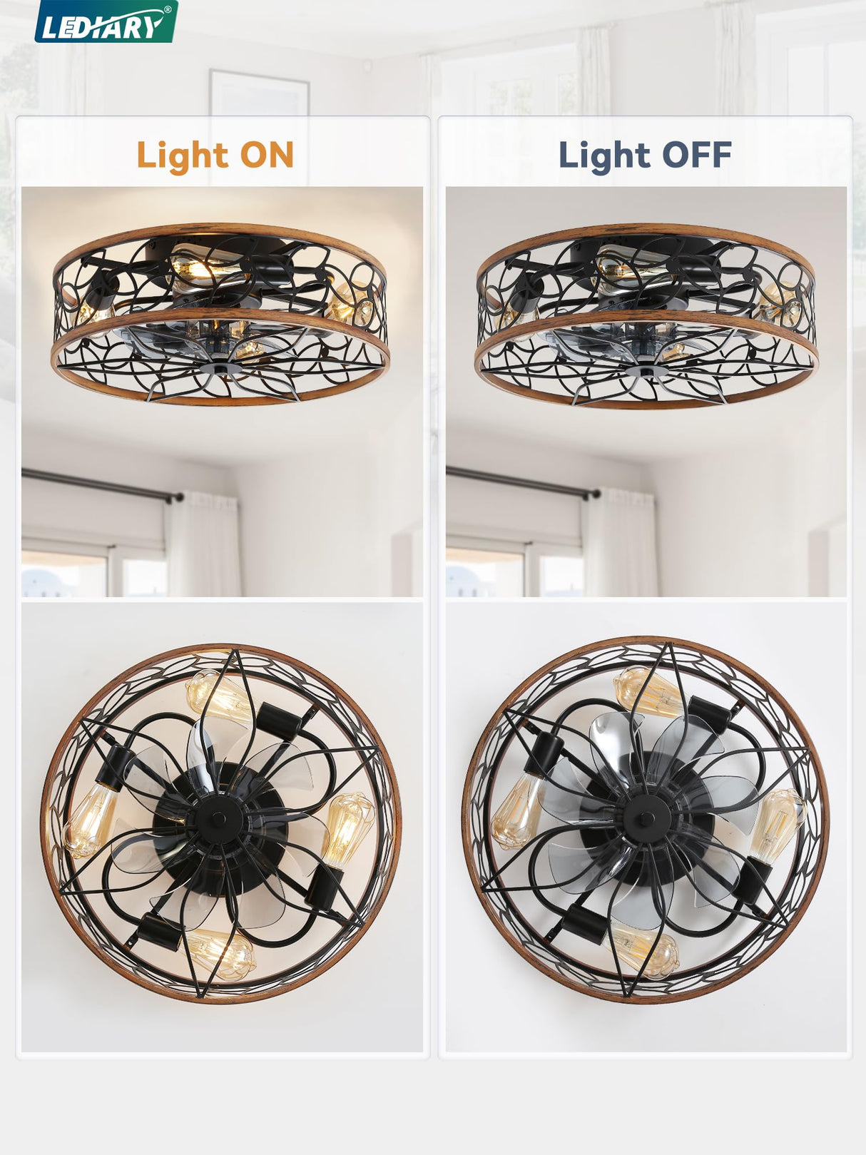 LEDIARY Caged Ceiling Fans with Lights, Farmhouse Flush Mount Ceiling Fan with Remote, Black&Walnut Low Profile Ceiling Fan Light Fixture for Bedroom, Kitchen, Dining Room. LEDIARY