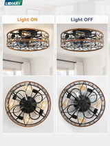 LEDIARY Caged Ceiling Fans with Lights, Farmhouse Flush Mount Ceiling Fan with Remote, Black&Walnut Low Profile Ceiling Fan Light Fixture for Bedroom, Kitchen, Dining Room. LEDIARY