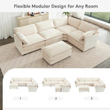 ROWHY 113'' Modular Sectional Cloud Couch, 5 Seater Corner Sofa Big Comfy Corduroy Oversized L Shaped Couch with 2 Pillows, Chaise, Ottoman, Deep Seat Sectional Couches for Living Room Office, Beige ROWHY